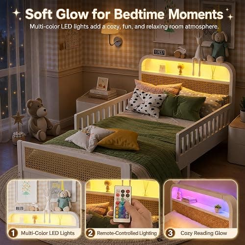 Twin Bed with Rails, Wood Twin Bed Frame with LED Lights and Storage Headboard, Twin Platform Bed Frame with Headboard, Wooden Twin Bed Frame for Kids with Side Rails, No Box Spring Needed, White thumbnail 4