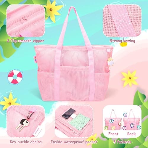 Tagitary Mesh Beach Bag with Zipper Large Beach Tote Waterproof Sandproof with 8 Pockets for Toys Pool Bag Beach Accessories thumbnail 5