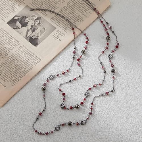 Noessla Layered Long Necklaces for Women Silver Black Beaded Necklace Vintage Flower Costume Jewelry Birthday Gifts for Women thumbnail 2