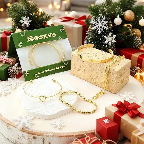 Reoxvo Christmas Stocking Stuffers Gifts for Women-Gold Plated Bangle Cuff Bracelets for Women Non Tarnish Gold Bracelet Stack Jewelry Set for Women Trendy thumbnail 6
