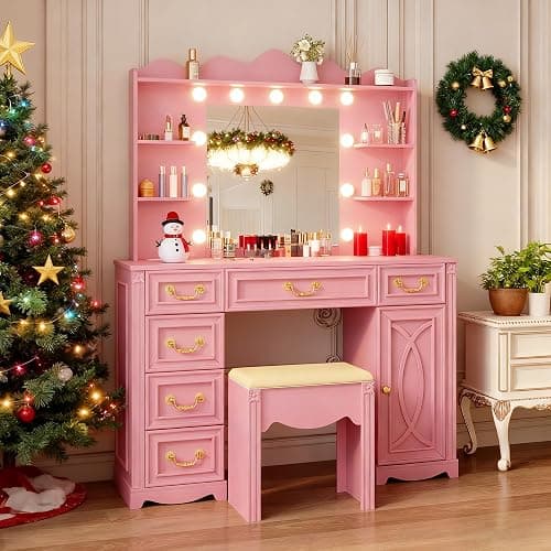 Vlsrka Vanity Desk with Large Mirror and Lights, 43.3" Makeup Vanity Desk with Charging Station and 6 Drawers, Makeup Dressing Table with Storage Stool for Bedroom (Pink) - Image 1
