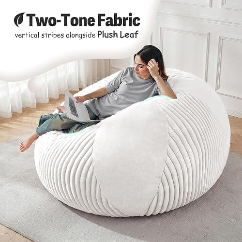 4FT Bean Bag Chairs Teardrop Bean Bag Chairs for Adults Beanbag Chair with Memory Foam Filled Soft Plush Leaf alongside Stripe Faux Fur Washable Cover for Dorm, Bedroom(Plush WH) thumbnail 5
