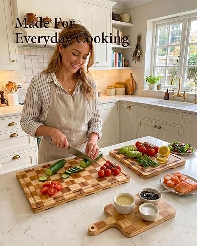Checkered Cutting Board Set with Holder, Set of 3 End Grain Butcher Block Boards for Kitchen, Bamboo Serving Board with Handle for Cheese, Charcuterie, Meat, Fruit and Meal Prep thumbnail 8