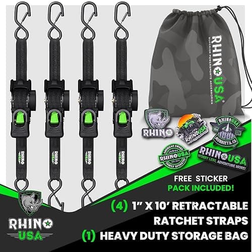 Rhino USA Retractable Ratchet Straps (4-Pack) - 1 Inch x 10 Feet (1,209lb Break Strength) - Auto Self Retracting Tie Down Straps for Truck, Cargo Trailer, Motorcycle, ATV, UTV - Black thumbnail 6
