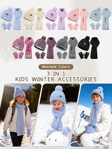 Wenouy Kids Winter Hat Scarf Gloves Set, Toddler Fleece Lined Gloves Warm Knitted Scarf Winter Beanie with Pom for Boys Girls thumbnail 5