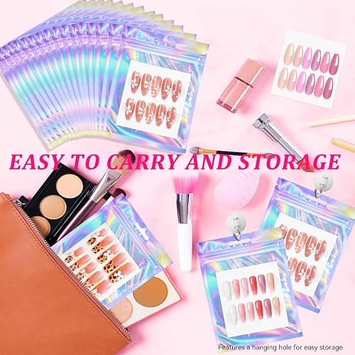 ESUOHYM 50 Pcs Nail Packaging Bags for Press On with 3 Double Side Tape | Holographic Press On Packaging Fits All Sizes, Nail Storage with Nail Cardboards, Nail Art Business Supplies Kit Salon Home thumbnail 3