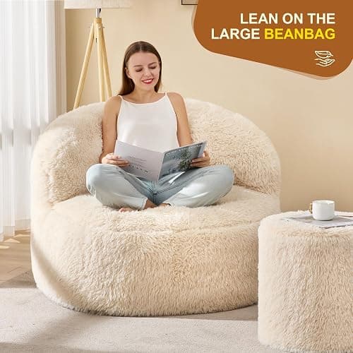 Hobestluk Bean Bag Chair Big Bean Bag Chairs for Adults Giant Adult Bean Bag Chair with Foam Filler Large Beanbags with Stuffed Back Lazy Sofa, White-Standard thumbnail 3