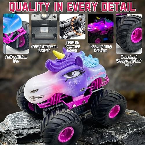 Unicorn RC Car for Girls 1:18 Amphibious Off-Road Remote Control Truck with LED Lights All-Terrain Monster Vehicle 2.4GHz High Speed Crawler Hobby Toy with 2 Batteries Birthday Gift Toys for Kids 6-12 thumbnail 4