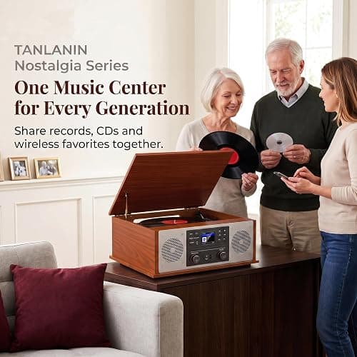 10 in 1 Bluetooth Record Player All-in-One Multimedia Center | Stereo Speakers, CD Player, Internet Radio, 3-Speed Turntable, Clock, Alarm, USB Recording, RCA Out, LCD Display, Red Wood thumbnail 4