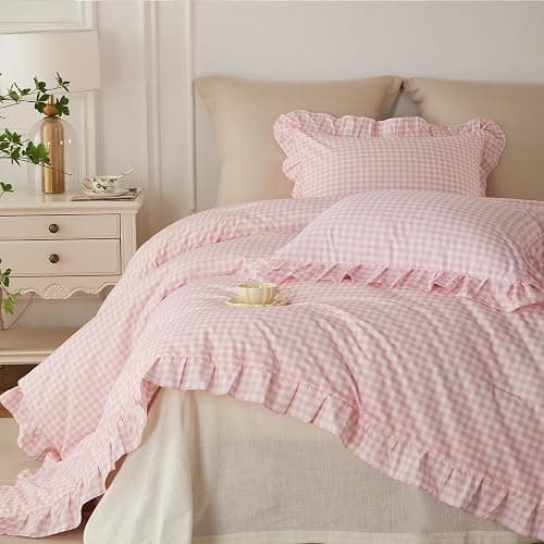 Gingham Ruffle Comforter Set Queen - 3 Piece Pink Checkered Bedding Set - Aesthetic Cottagecore Ruffled Farmhouse Comforter with 2 Pillow Shams - Soft, Lightweight All Season Bedding (90"x90") thumbnail 6