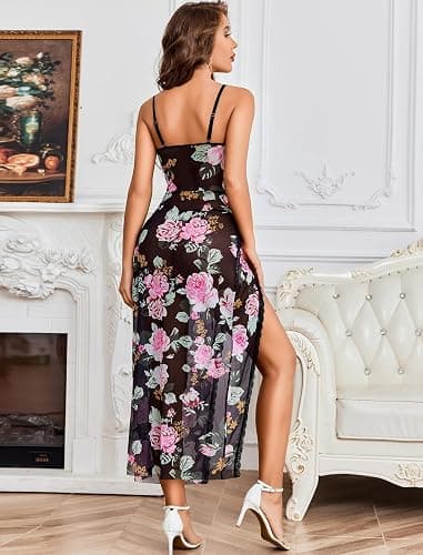 Avidlove Women Sexy Lingerie Lace Babydoll Chemise Mesh Nightdress V Neck Nightwear Side Split Nightgown thumbnail 5