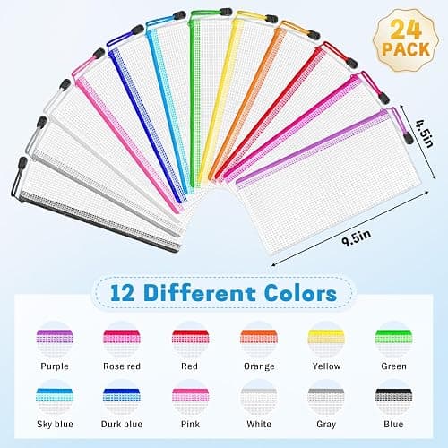 24 Pack Pencil Pouch Bulk, 9.5" x 4.5" Mesh Zipper Pouch, 12 Colors | Small Clear Zipper Pouch Pencil Case for Supplies Storage, Travel, Cash, Cosmetics, Office with Translucent Waterproof PVC thumbnail 2