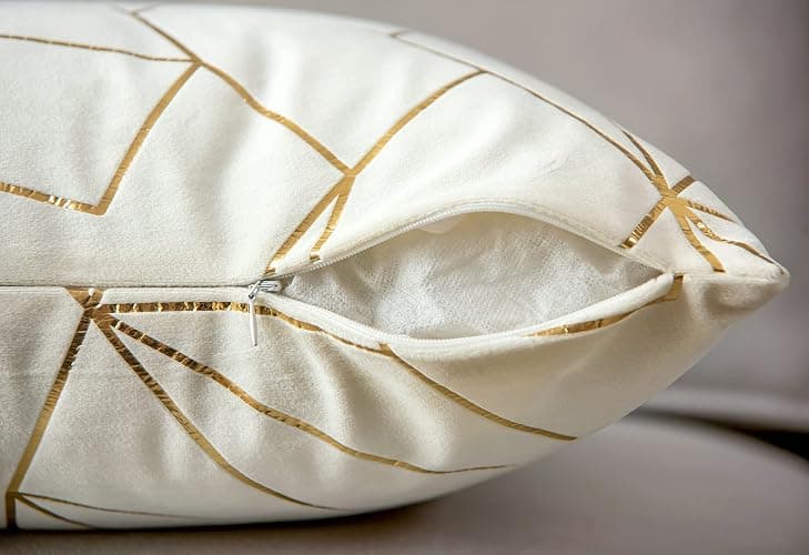 YONGLIU Pack of 2 Velvet Lumbar Throw Pillow Covers Velvet Decorative Soft Gold Foil Geometric Pattern Cute Cushion Case for Modern Homes Sofa Couch Bedroom Living Room Car (White and Gold, 12“X20”) thumbnail 5