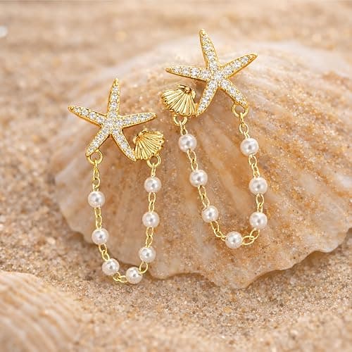 Seashell Starfish Earrings Beach Jewelry for Women Pearl Drop Shell Earrings Ocean Beachy Fashion Accessories Womens Summer Outfits 2026 Tropical Vacation Outfits Beach Vacation Clothes Dresses thumbnail 4
