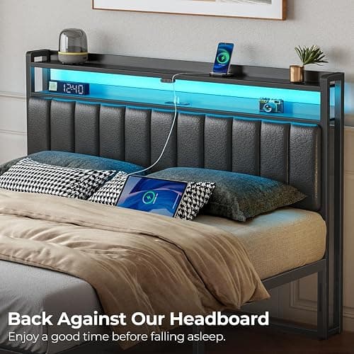 Rolanstar Headboard for Full Size Bed with Storage, 60,000 DIY Color of LED Light, Head Board with USB & Type C Port, Height Adjustable, Black Upholstered Cabeceras de Cama Comfortable Modern, Leather thumbnail 7