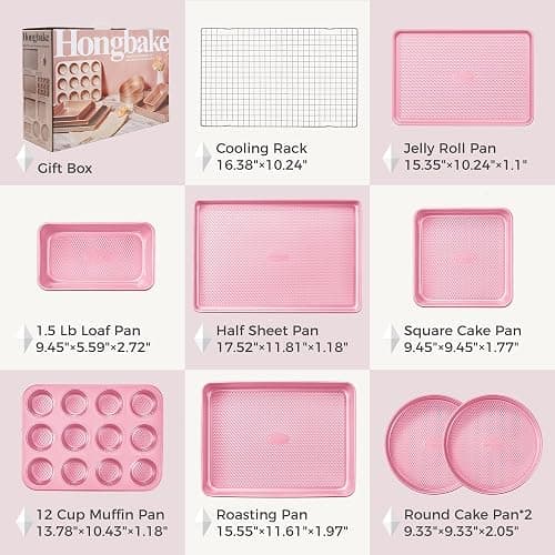 HONGBAKE 9-Piece Baking Pans Set Nonstick, Stackable Non Toxic Bakeware Sets with Diamond Texture, Oven Pan Set for Cooking, Includes Cookie Sheet with Rack, Cake Pan, Roasting Pan, Muffin Tin, Pink thumbnail 6
