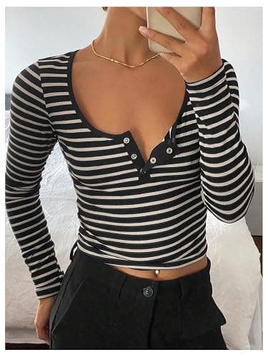 Floerns Women's Striped Print Ribbed Crop Tops Long Sleeve Button Scoop Neck T Shirts thumbnail 5