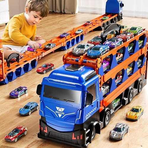 GYYCKTD Cars Truck Set Transport Toy for Kids, Race Track Set with 12 Die-Cast Cars, Trucks Playset, 2-Tier Launching Tracks, Carrier Toy for Boys Girls Birthday Gifts for Boys Ages 1-3 2-4 3-5 4-7 thumbnail 8