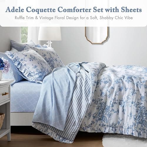 Madison Park Essentials Adele Blue Floral Full Size Comforter Set – Vintage Bed in a Bag with Sheets, Reversible Ruffle Bedding, Elegant Gift for Her thumbnail 2