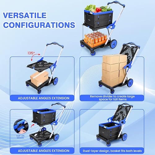 Collapsible Shopping Cart with Wheels Multi use Functional Collapsible Carts Mobile Folding Trolley, Collapsible Hand Truck and Dolly, Grocery Cart with Storage Crate Platform Hand Truck(Blue) thumbnail 4