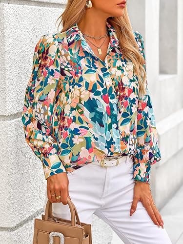 PRETTYGARDEN Womens Floral Blouses Dressy Casual Long Sleeve Fall Tops 2026 | V Neck, Button Down Shirts, Boho Tops, Chiffon Work Blouses, Business Casual Clothes, Vacation Teacher Outfits thumbnail 5