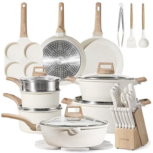 CAROTE ICE 35pcs Pots and Pans Set, Nonstick Cookware Sets, White Granite Induction Cookware with Kitchen Knife Set - Image 1