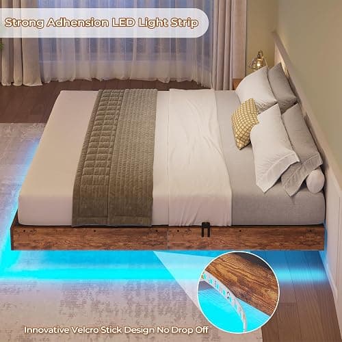 BTHFST Floating Bed Frame Queen Size with LED Lights, Industrial Wooden Metal Queen Platform Bed, Solid and Stable, Noise Free, No Box Spring Needed, Easy Assembly thumbnail 4