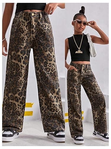 Floerns Girl's Leopard Jeans Mid Waist Straight Leg Y2k Grunge Denim Pants thumbnail 6