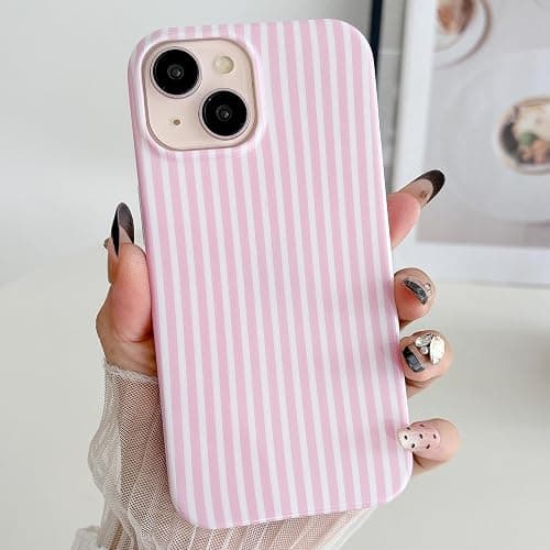HYUEKOKO Striped Phone Case for iPhone 13 & iPhone 14 & iPhone 15, Fashion Retro Stripe Pattern Aesthetic Cover, Soft TPU Slim Shockproof Case for Girls Women-Pink - Image 1