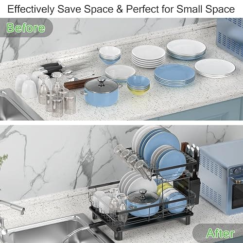 DMTXCRP Dish Drying Rack, Large 2 Tier Stainless Steel Dish Rack for Kitchen Counter with a Drainboard, Cutlery, Cup Holder, Kitchen Organizers and Storage Rack, 17" L x 13" W, Black thumbnail 8