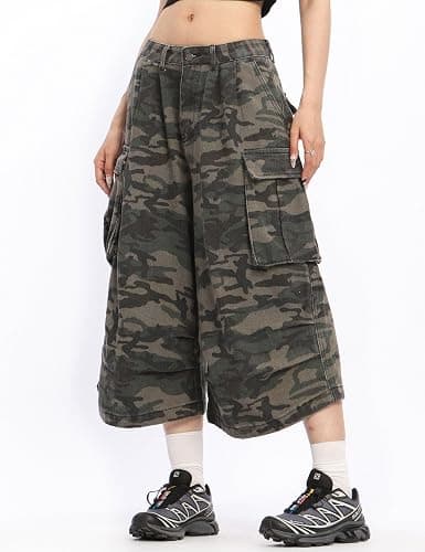 DAZZLZZAD Mens Camo Cargo Shorts Y2k Baggy Long Jorts Hip Hop Bermuda Jeans Short Camouflage Shorts for Women thumbnail 3