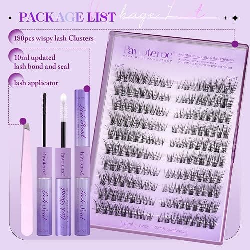 Pawotence Wispy Lash Clusters Kit Cat Eye Lash Extension Kit 180pcs Natural Individual Lashes Left Right Cluster Eyelash Extensions Kit with Lash Bond and Seal, Lash Tweezers for Self Application thumbnail 6