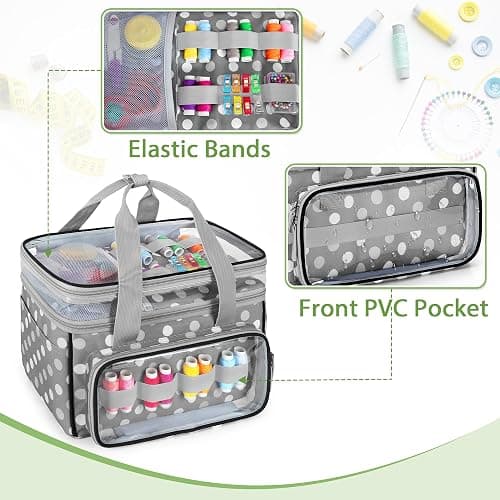 LUXJA Double-Layer Sewing Storage Organizer with Transparent Compartment, Large Sewing Organizer Bag with Detachable Divider for Sewing Supplies (Bag Only), Polka Dots thumbnail 2