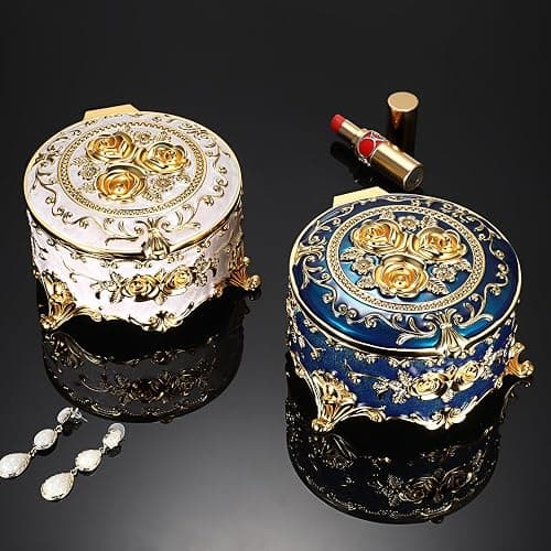 Hipiwe Round Jewery Box Metal Trinket Organizer Decorative Keepsake Box for Trrasure Ring Earring Holder Vintage Jewelry Display Case, Beige, 5.7" L x 5.1" W x 3.5" H thumbnail 8