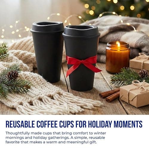 Rolling Sands USA Made 16 oz Reusable Coffee Cups with Lids 2 Pk, To Go Travel Cups, Hot or Cold Drinks, Dishwasher and Microwave Safe, Black thumbnail 2