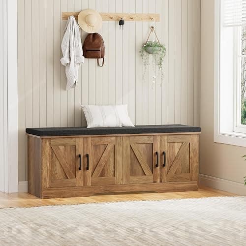 HOMSHO 2-Tier Storage Bench, 47.2" Wide Shoe Bench with Padded Seat Cushion, Entryway Bench with 4 Barn Doors and Adjustable Shelf, Rustic Walnut thumbnail 8