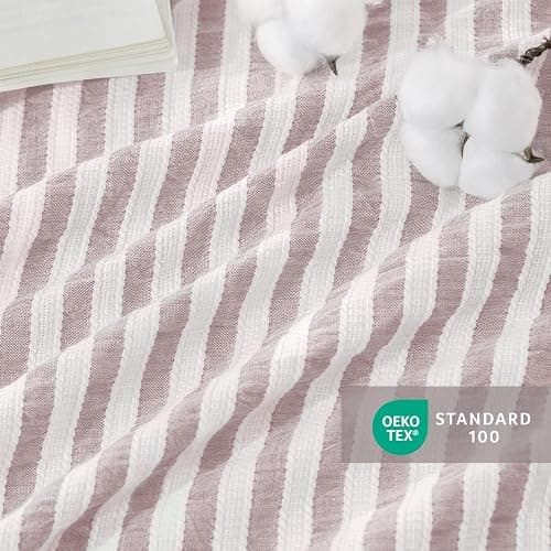 MILDLY Jacquard Stripe Duvet Cover - 100% Washed Cotton Pale Mauve Boho Textured Comforter Cover 3pcs with Zipper Closure 90"x90" thumbnail 7