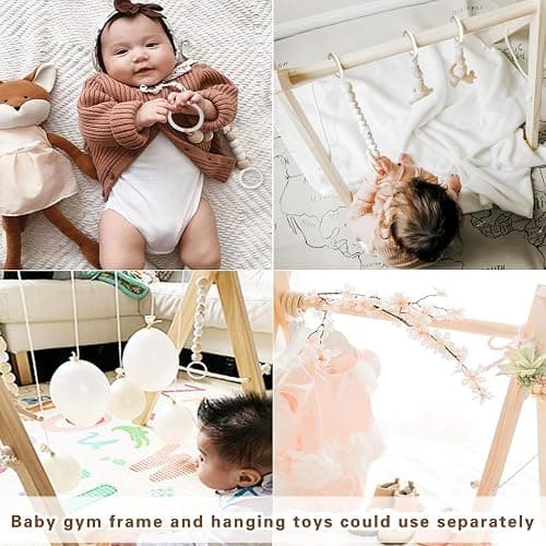 Wooden Baby Gym with 6 Gym Toys, Foldable Baby Play Gym, Natural Pine Wood Play Gym, Frame Activity Center Hanging Bar, Wooden Play Gym - wooden play gym thumbnail 3