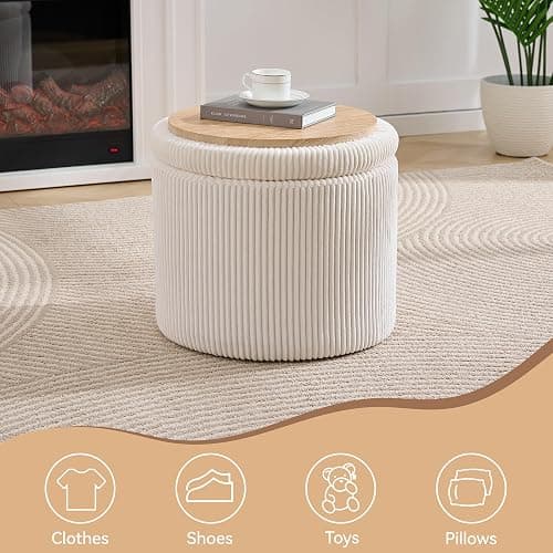 WUTUTUEE Corduroy Storage Ottoman with Flip-Top Tray, Modern Upholstered Ottoman Coffee Table, Dual Leg Options Ottoman Footrest for Living Room, Bedroom, Office, White thumbnail 6