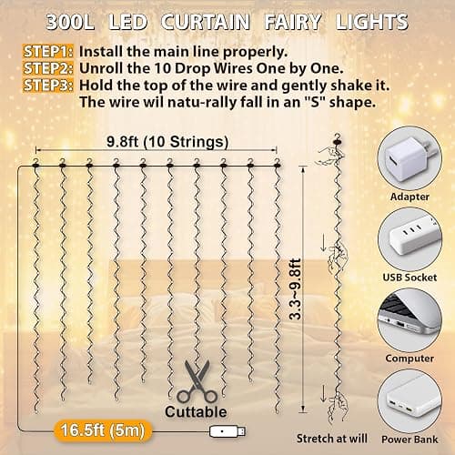 HXWEIYE 300LED Fairy Curtain Lights, 9.8x9.8Ft USB Plug-in 8 Modes Christmas String Hanging Lights with Remote for Bedroom Backdrop Wedding Indoor Wall Decor, Warm White, Standard – 1 Pack thumbnail 5
