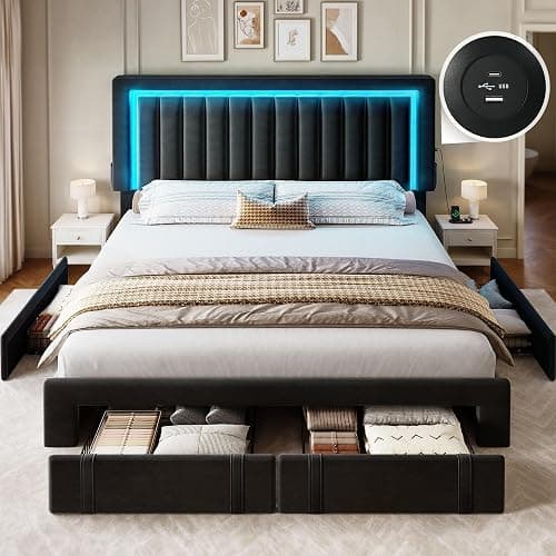 YITAHOME Queen Size Bed Frame with Adjustable Headboard, 4 Storage Drawers and RGB LED Lights, Velvet Upholstered Platform Bed with USB Ports, No Box Spring Needed, Fast Assembly, Noise-Free, Black thumbnail 9