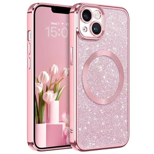 DOMAVER for iPhone 13 Case, Phone Cases with Magnetic [Compatible with MagSafe] Luxury Clear Glitter Bling Sparkly Shockproof Protective Cover Full Camera Lens Protector for Women Girls- Pink - Pink - Image 1