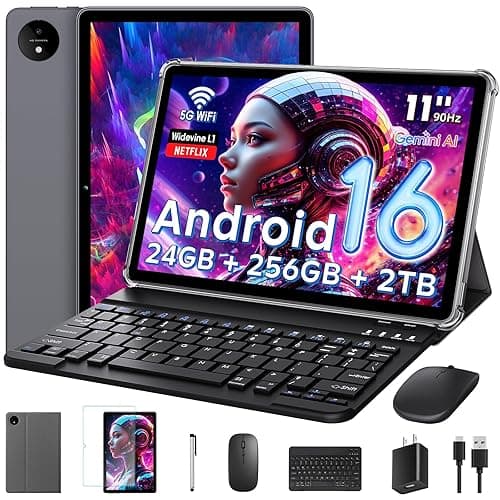 Android 16 Tablet 11 Inch with Gemini AI, T7250 Octa-Core, 24GB RAM + 256GB ROM /2TB TF, 16MP+8MP, 1920x1200 IPS HD Display, 8000mAh, Widevine L1, GPS, 2 in 1 Tablets with Keyboard Mouse Stylus - Image 1