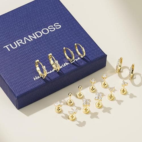 Turandoss 8 Pairs Hypoallergenic Gold Hoop Earrings for Women Trendy | Dainty 14K Gold Plated Huggie Hoop Stud Earrings for Women, Flat Back Earrings Set for Multiple Piercing thumbnail 7