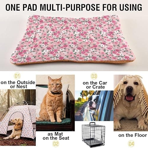 Coikll Pink Floral Pet Bed Pad Soft Dog Bed Mat with Anti-Slip Bottom, Machine Washable Crate Pad Mattress for Dog Sleeping thumbnail 5
