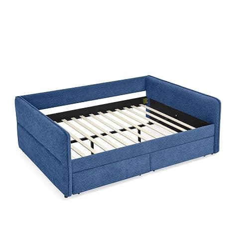 Bellemave Queen daybed with 2 Drawers, Queen Corner Bed, Upholstered Bed Frame with 2 Drawers for Kids,Teens,Adults, Boucle, Blue thumbnail 8