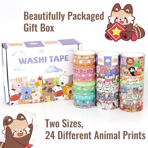 WAPETASHI Cute Washi Tape Set - 24 Rolls Kawaii Animals Gold Foil Decorative Masking Tape for Journaling, Scrapbooking, Kids DIY Crafts, Aesthetic Supplies, Planners, Bullet Journal thumbnail 2