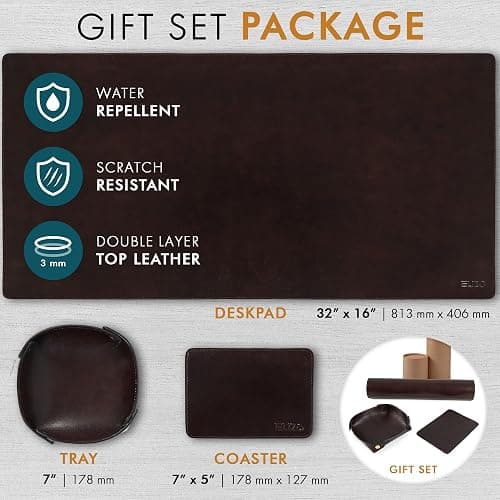 Elizo Leather Desk Mat Desk Pad Blotter Set - Real Full-Grain Leather (32x16) 2-Layer Genuine Desk Cover Protector & Large Mouse Pad, Computer Keyboard Desk Accessories for Office & Home thumbnail 4