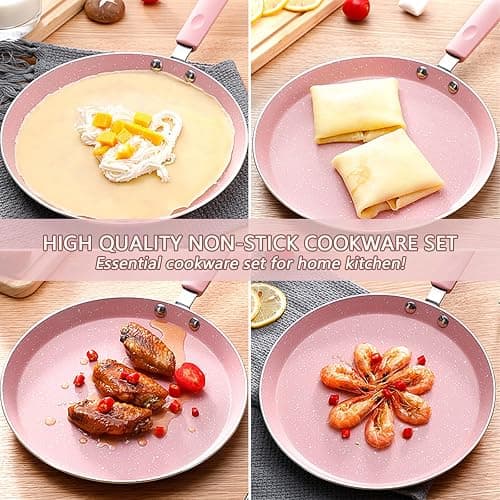 JUSTUP Nonstick Frying Pan Set，3 Piece Pots and Pans Set Nonstick，Pink Kitchen Cookware Sets with Non Stick Pan Coating,10 Inch,8 Inch and 6 Inch Non Stick Cooking Set Suitable for All Stoves (Pink) thumbnail 8