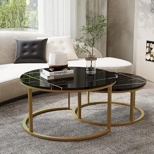 WiberWi Round Coffee Table Nesting Tables Set of 2, Large : Ø 34.0", Small : Ø 26.0", Modern Design Coffee Tables for Living Room, Gold Metal Frame Circle Cocktail Table, High Glossy Faux Black Marble - Black Faux Marble thumbnail 3